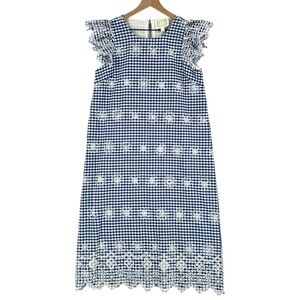 Sail To Sable Gingham Cotton‎ Eyelet Floral Embroidery Flutter Sleeve Midi Dress